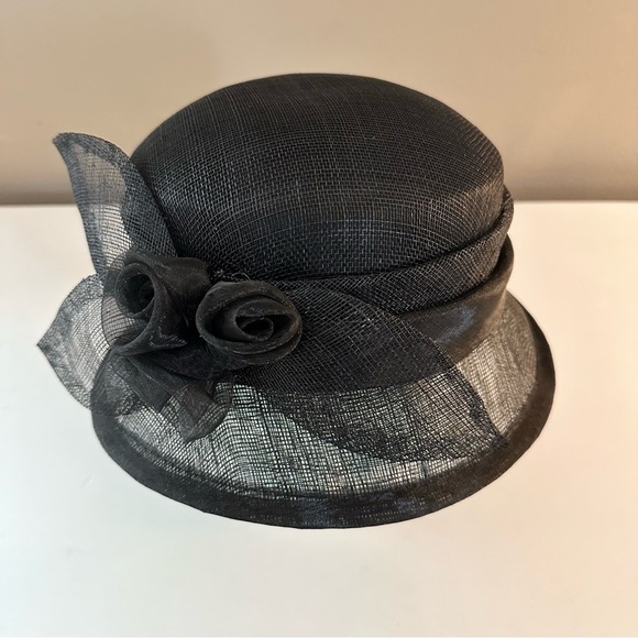 Black Cloche Style Straw Hat with Flower Detail main image 6